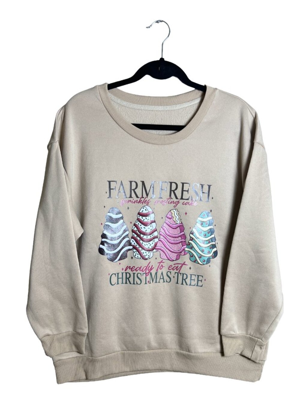 Christmas Tree Cake Sweatshirt Tan Holiday Graphic Plus